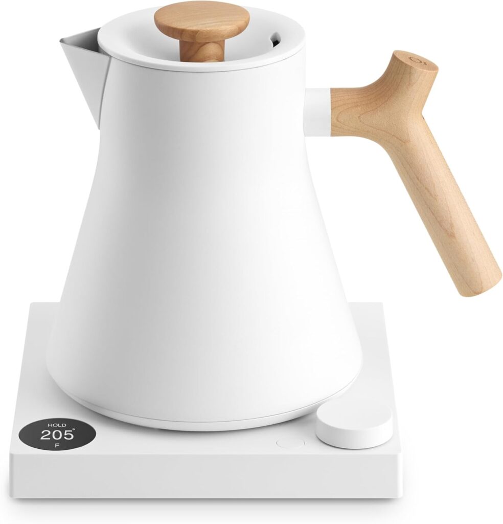 Fellow Corvo EKG Pro Electric Tea Kettle – Quick Heating, Precise Temperature Control Electric Kettle, Scheduling, Built-in Brew Timer for Boiling Water – Matte White with Maple Handle – 0.9 Liter