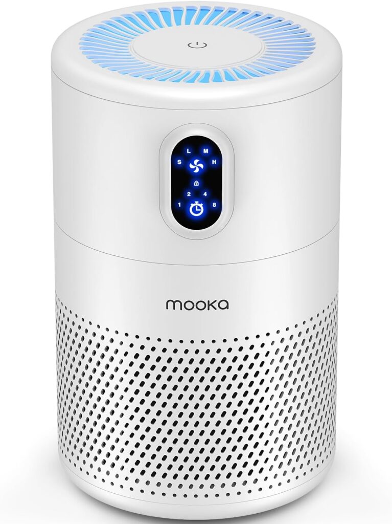 MOOKA Air Purifiers for Home Large Room up to 1076ft², H13 True HEPA Air Filter Cleaner, Odor Eliminator, Remove Smoke Dust Pollen Pet Dander, Night Light, B-D02L White