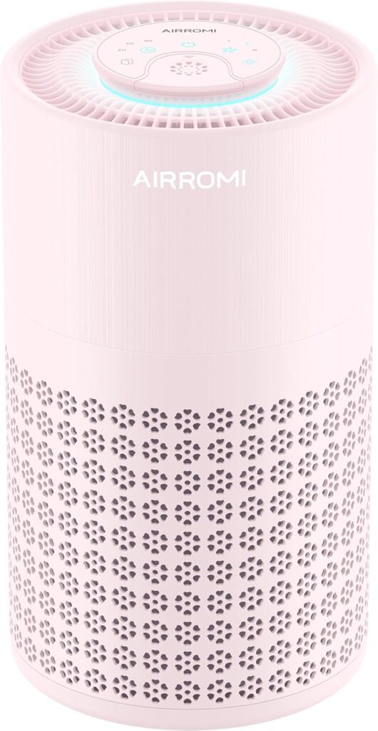 AIRROMI Air Purifier for Bedroom with HEPA 3-in-1 Filter, Pet Air Purifier for Home Cat Pee Smell, Covers Upto 990 Ft², Quiet 360° intake Air Cleaner for pet hair,allergies,Dust,Smoke A2001 Pink