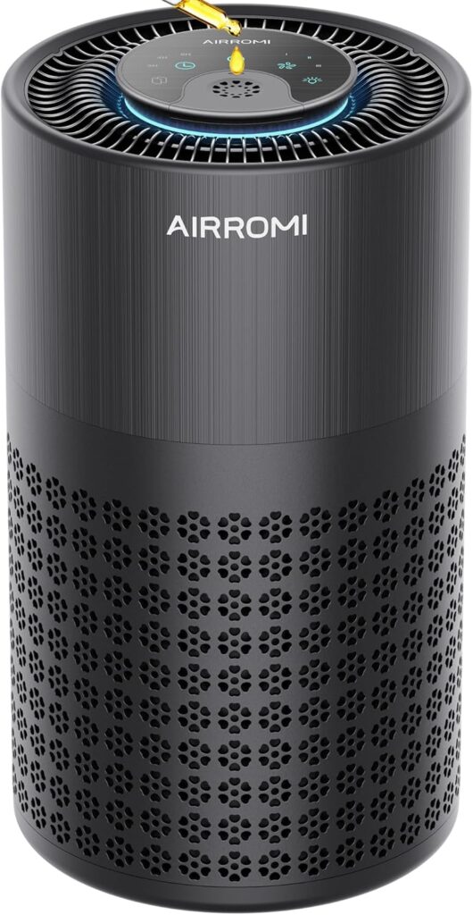 AIRROMI Air Purifier for Bedroom with HEPA 3-in-1 Filter, Pet Air Purifier for Home Cat Pee Smell, Covers Upto 990 Ft², Quiet 360°intake Air Cleaner for pet hair,allergies,Dust,Smoke A2001 Black