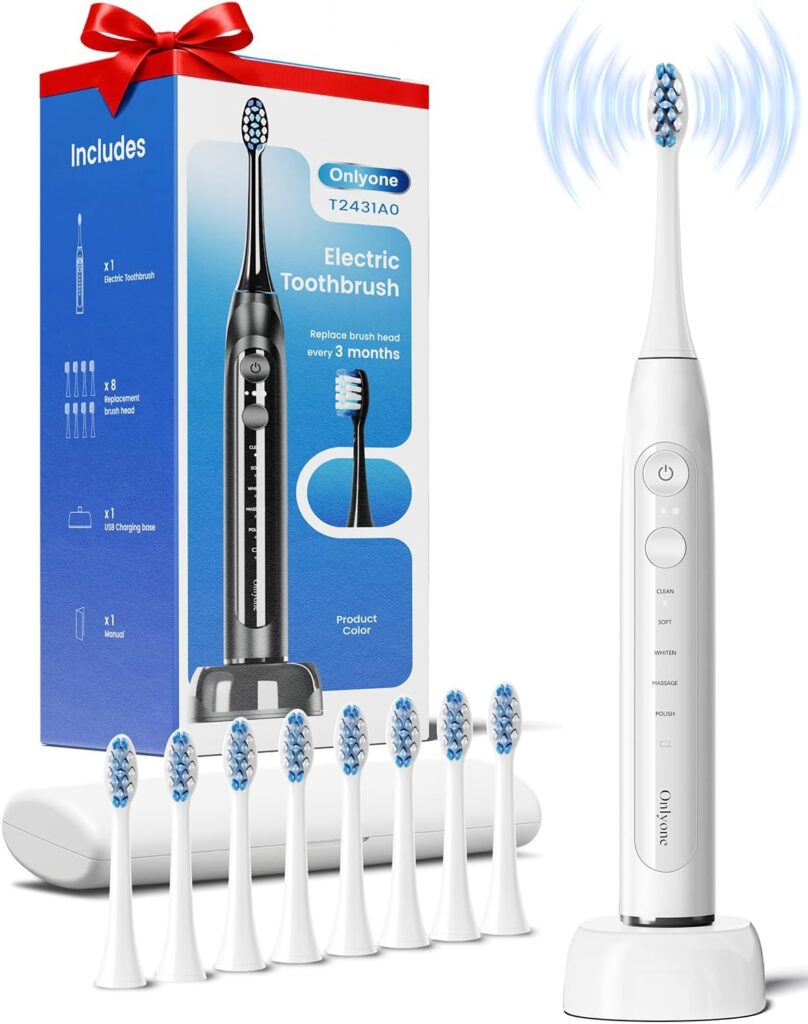 Onlyone Ultrasonic Electric Toothbrush for Adults, Rechargeable Electric Toothbrush with 8 Brush Heads, Travel Case, Charging Base & Wireless Charging – 5 Modes with Smart Timer