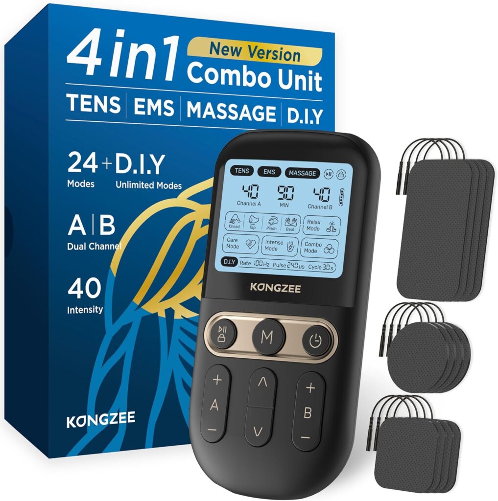4 in 1 – D.I.Y & Tens Unit & EMS & Massage Muscle Stimulator, Dual Channel TENS Units Therapy Machine for Pain Relief, FDA Cleared Rechargeable Electronic Pulse Massager,with 12pcs Electrode Pads